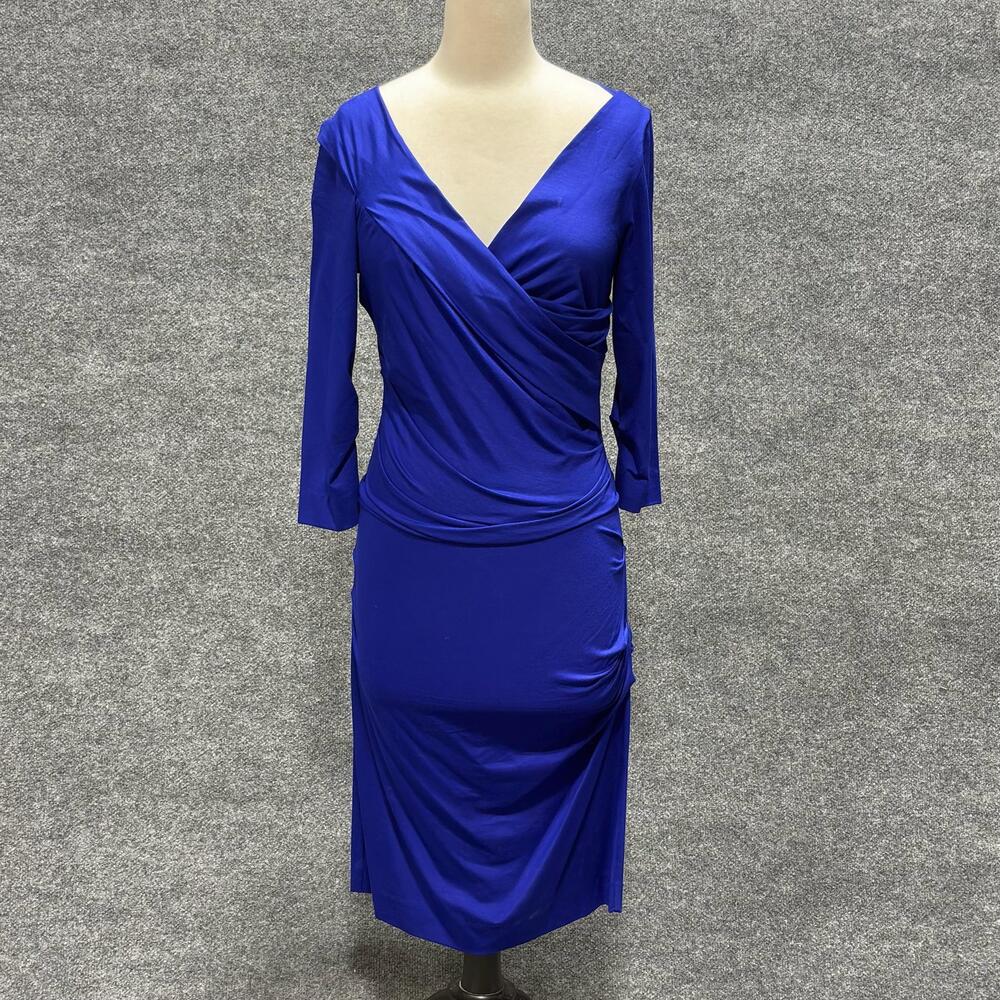 Diane Von Furstenberg Dress Womens Small Blue Ruched Jersey Wrap Midi V Neck